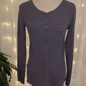 Eddie Bauer Charcoal and Magenta Striped Long Sleeve Tee